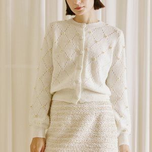 Ivory Beaded Cardigan with Diamond Stitch Detail